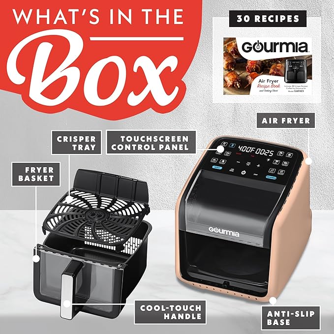 Gourmia Air Fryer 7 QT - Easy View Panoramic Window & Interior Light, Guided Cooking with 12 One-Touch Presets, FryForce 360, Dishwasher Safe Accessories, Peach