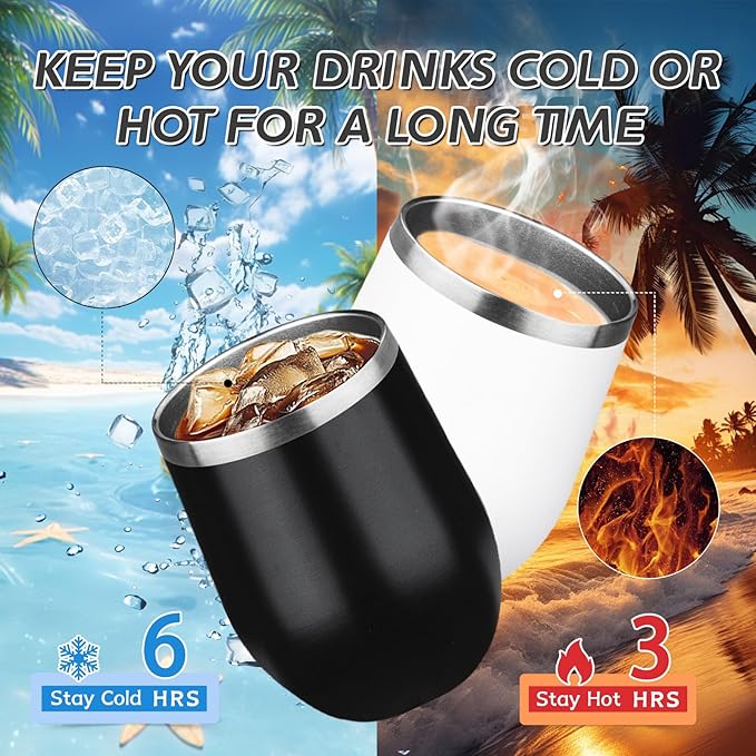 12oz Stemless Wine Tumbler with Lid Double Wall Insulated Wine Cup Stainless Steel Glasses Tumbler with Straw Insulated cocktail Tumbler Coffee Mug for Hot and Cold Beverages (Multicolor-7,4Pack)