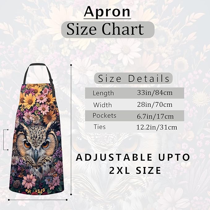 Flower Owl Apron,Oxford Fabric Adjustable Kitchen Apron with 2 Pockets,Waterproof Cooking Aprons for Men Women Mom Wife Dad,Ideal Gifts for Coffee House,Shop,Baking,BBQ,Housewarming,28x33in