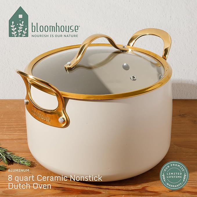 bloomhouse - Two Time Oprah's Favorite Things Winner - 8 Quart Heavy Duty Aluminum Premium PFA Free Ceramic Nonstick Dutch Oven Pot with Lid - Almond Cream w/Gold Handle