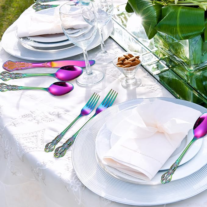 Retro Silverware Rainbow Set for 4 Stainless Steel Flatware 20 Pieces include Knives Spoons Forks With Vintage Relief Design Handle Durable Elegant Festival Parties Kitchen Utensils