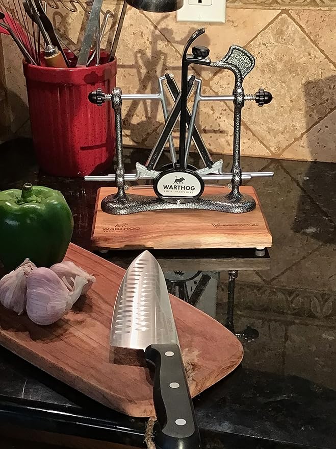 Warthog V-Sharp Elite Knife Sharpeners with Deluxe Wooden Base, Diamond Rods, Adjustable Angles, Metal Frame Construction