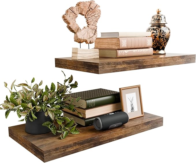 Rustic Brown 24 Inch Floating Shelves for Wall, Wooden 12 Inch Deep Floating Shelves Set of 2, Wall Shelves for Bathroom over Toilet, Live Edge Display Shelf with Invisible Brackets for Home Decor