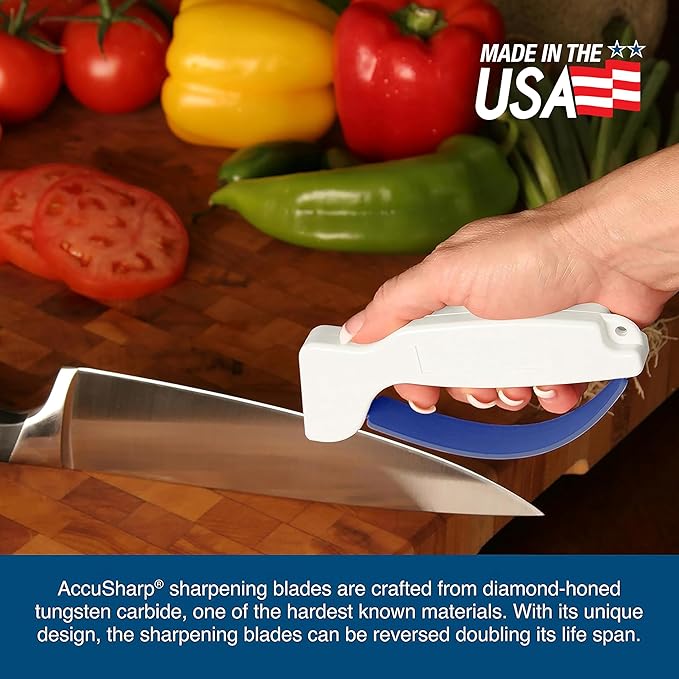 AccuSharp Knife Sharpener, Ergonomic Comfortable Handle, Compact & Easy to Use, Restore and Hone Straight & Serrated Knives, White