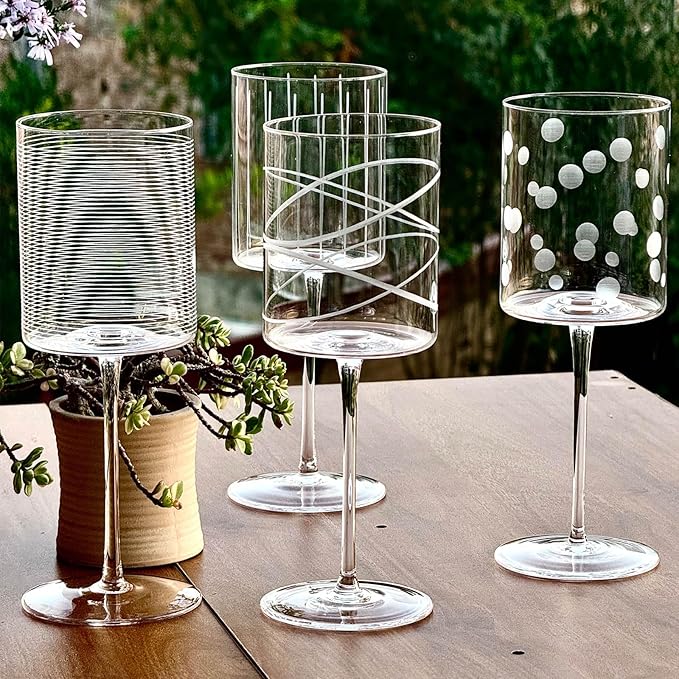 Wine Glasses Set of 4-16oz Cylindrical Red White Wine Glass, Made from Lead-Free Premium Crystal, Great Gift for Wedding, Anniversary, Christmas, Birthday, 9’’ Tall, etched