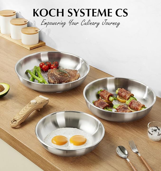 KOCH SYSTEME CS Stainless Steel Frying Pan Set, 18/10 Stainless Steel Pan Set with Stylish Removable Handles, Tri-Ply Steel Base, Save 75% Space, Induction Compatible Skillets, 8" & 9.5" & 11"