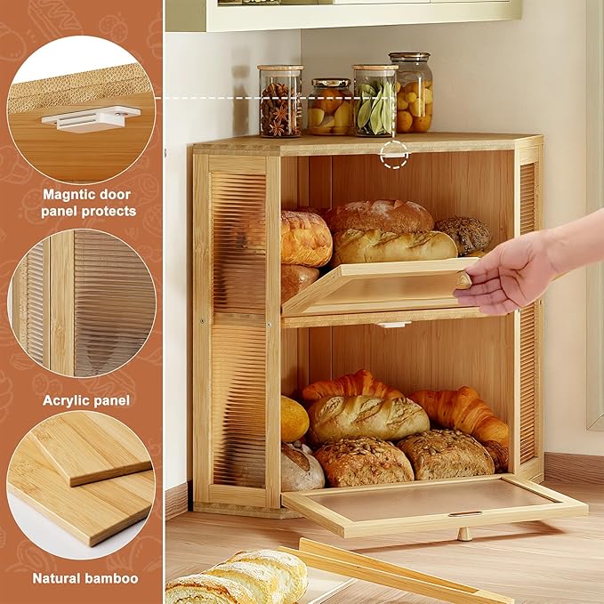 WOWLIVE Corner Bread Box for Kitchen Countertop, Double Layer Bamboo Bread Storage Container, Large Farmhouse Bread box with Acrylic Wavy Door Panel, Under Cabinet Organizer (Natural, Extra Large)