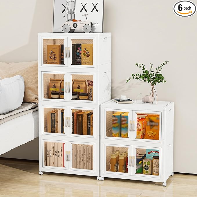 Large Clear Stackable Storage Bins with 2 Lids, Foldable Storage Cabinet for Closet Organizers and Storage, Plastic Storage Box with Wheels 270 QT