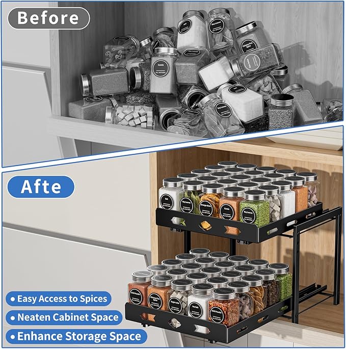 Pull Out Spice Rack Organizer for Cabinet, 2 Tier Cabinet Spice Rack Organizer, Height Adjustable Vertical Spice Rack for Kitchen Cabinet (11.9''Wx10.8''Dx9.2''H, Metal Black)