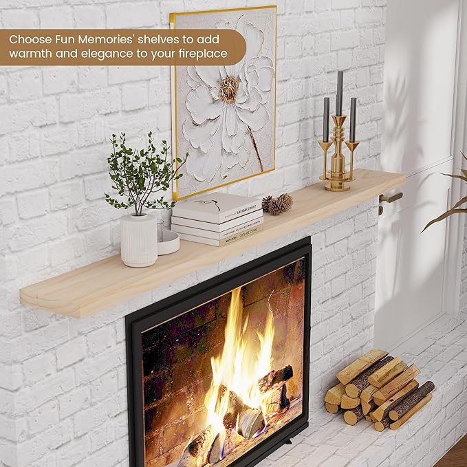 Fun Memories Floating Shelves 72 Inches Long - 8 Inch Deep Rustic Solid Pine Wood for Storage - Farmhouse Wall Mounted for Living Room - Heavy-Duty Metal Bracket - 72" W x 8" D - Natural Unfinished