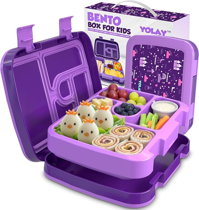 YOLAY Bento Box for Kids Lunch Box Leak-Proof, 5-Compartment Lunch Box Kids for Ages 3-10, Durable with Anti-Slip Base, Suitable for Schools, Outdoor and Travel (Mermaid) (Princess)