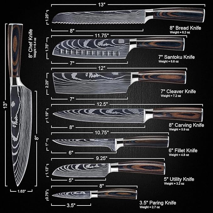 SENKEN 8-piece Premium Japanese Kitchen Knife Set with Laser Damascus Pattern - Imperial Collection - Ultra Sharp for Very Fast Cutting