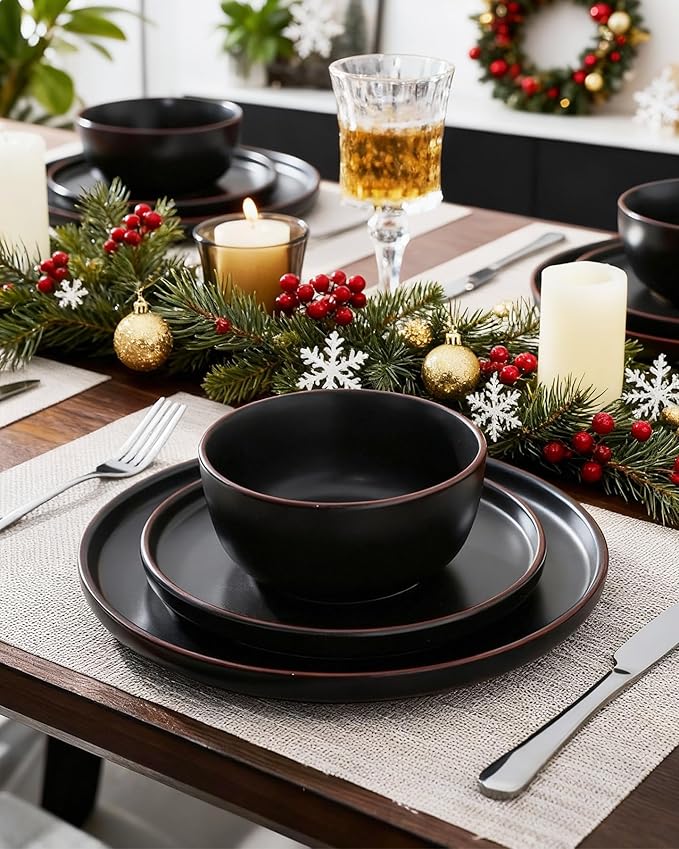 Famiware Mercury Plates and Bowls Sets, 12 Pieces Stoneware Dinnerware Sets, Dishes Set for 4, Microwave and Dishwasher Safe, Black