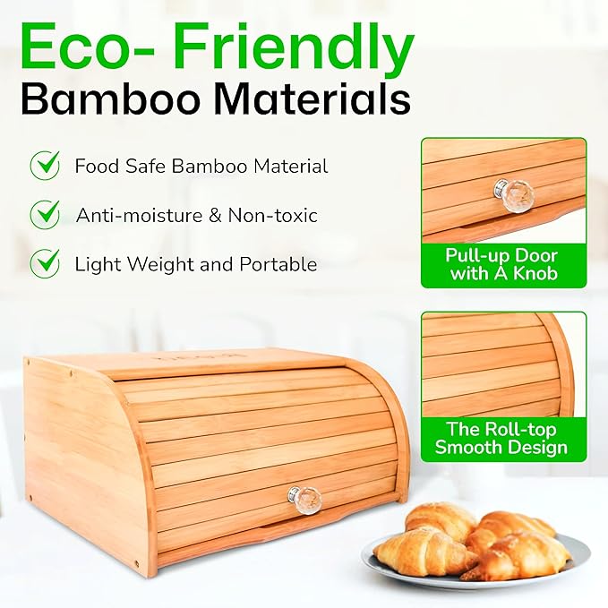 Bamboo Bread Box with Roll-Top Lid – Wooden-Style Countertop Bread Storage Container for Homemade Bread, Rolls, Muffins, & Snacks Eco-Friendly Kitchen Organizer for Lunch & Clutter-Free Counters