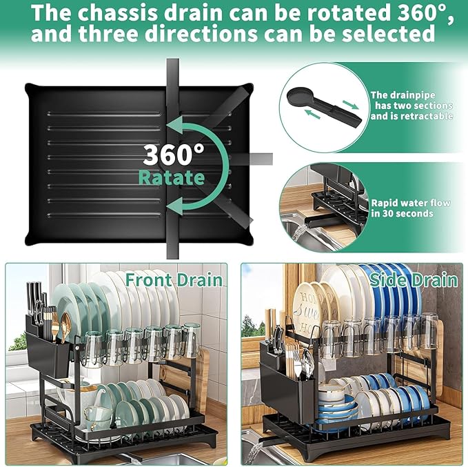 2 Tier Dish Racks for Kitchen Counter and Sink - Large Dish Drying Rack with Drainboard & Utensil Holders - Stainless Steel Dish Drainers Kitchen Organization and Storage for Space Saving (White)