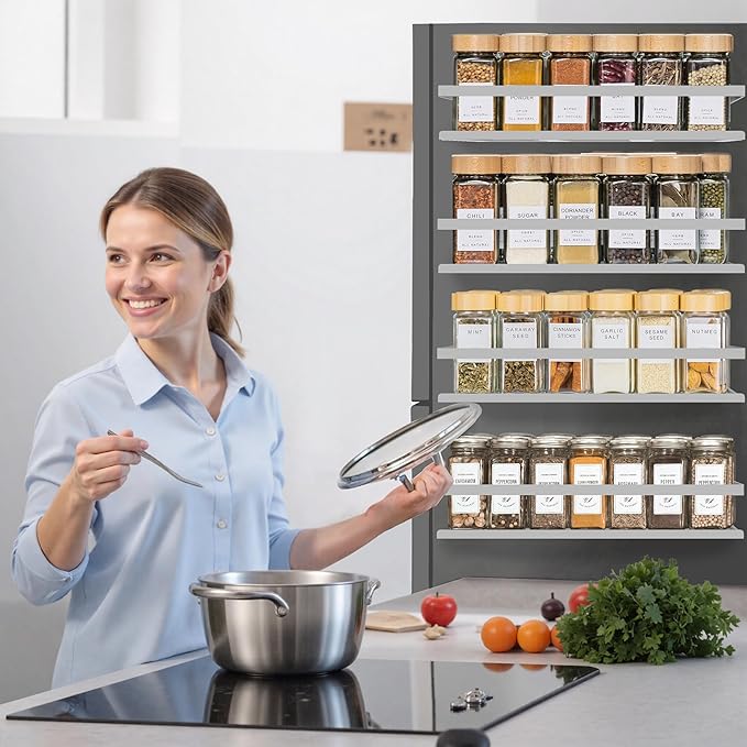 Magnetic Spice Rack for Refrigerator Seasoning Organizer for Spice Fridge Shelf storage Magnetic Shelf with Hook for Oven (4pack-Cut out-Grey)