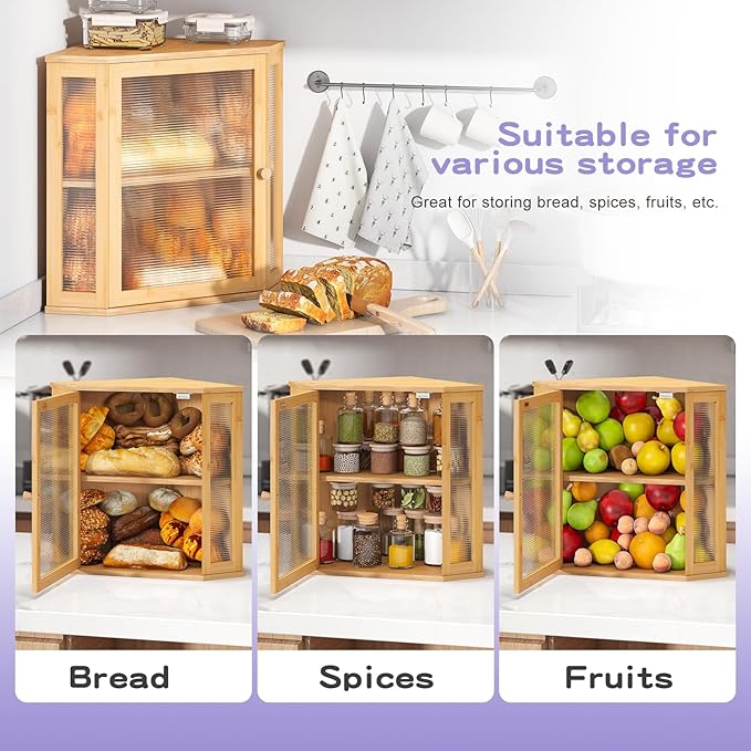 Corner Bread box for Kitchen Countertop,Farmhouse Bread Box with Acrylic Wavy Door Panel,Large Bread box for kitchen countertop,Kitchen Countertop Food Storage Container (Natural, Extra Large)
