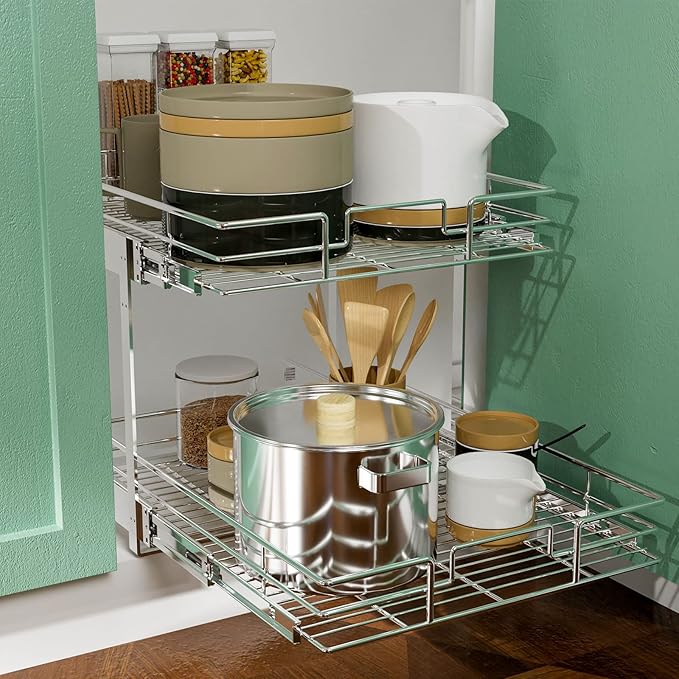 LOVMOR 2 Tier Individual Pull Out Cabinet Organizer 20" W x 21" D, Slide Out Kitchen Cabinet Storage Sliding Shelves