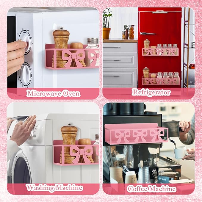 2 Pack Bow Magnetic Spice Rack for Refrigerator Metal Magnet Basket Shelf for Fridge Seasoning Storage Organizers Home Decor Kitchen Accessories (Pink)