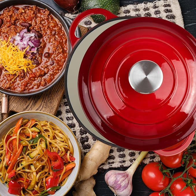 6 Quart Dutch Oven Enameled Cast Iron with Lid - Big Dual Handles - Oven Safe up to 500°F - Classic Round Pot for Versatile Cooking (Red, 6 QT)