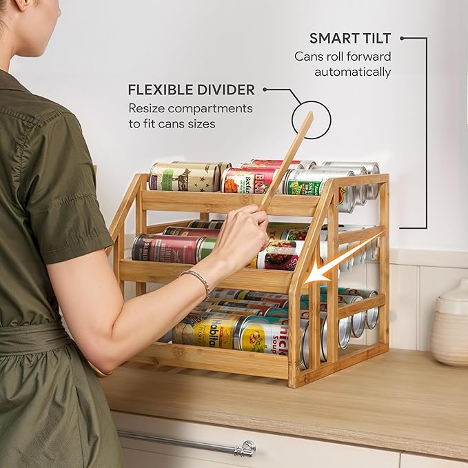 HOMESTEAD 3-Tier Bamboo Pantry Can Organizers - 36 Cans Dispenser Rack, Flexible Dividers, Canned Goods Organizer For Pantry Shelves & Kitchen Storage Organization