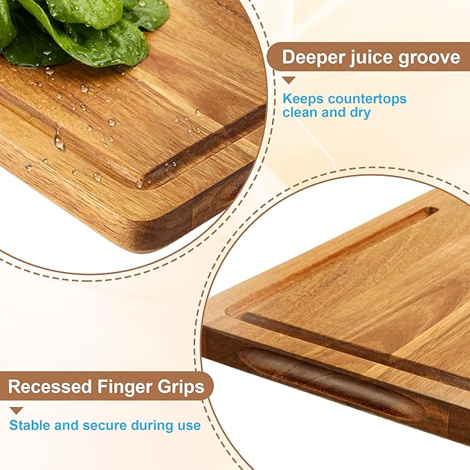 Acacia Wood Cutting Board for Kitchen, Solid Wood Chopping Board with Built-In Handle and Juice Groove, Large Durable Wooden Cutting Boards Set of 3 for Meat, Vegetables and Fruits (Brown)