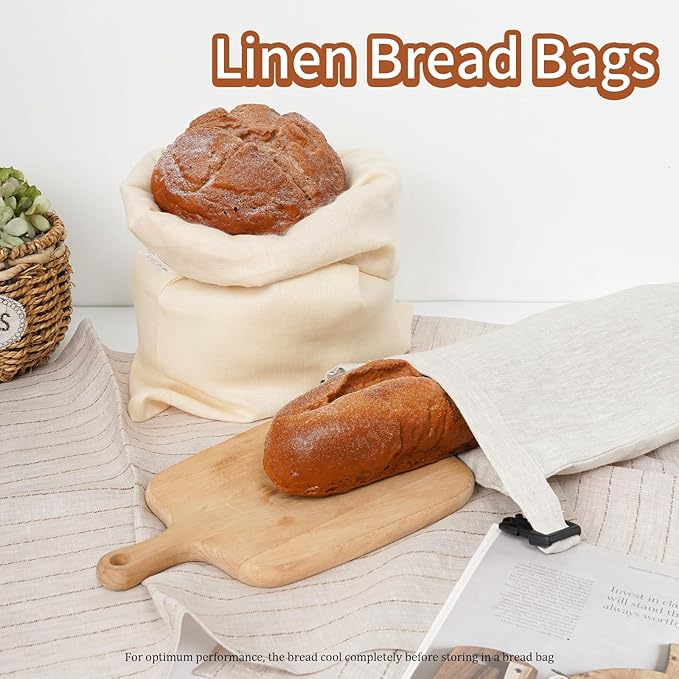 2 Pack 100% Linen Bread Bags for Homemade Bread Sourdough 13 x 19.6 Inch Reusable Bread Storage Bag 7.8 x 28.7 Inch for large Baguette (Light Apricot)