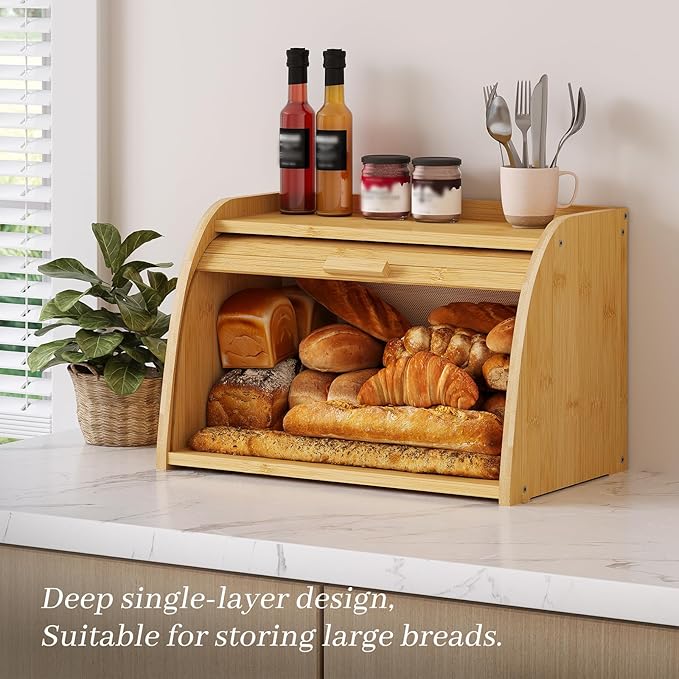 Bread box for kitchen countertop, Bamboo bread storage, Roll-Top bread container, Farmhouse bread holder for homemade bread (single layer)