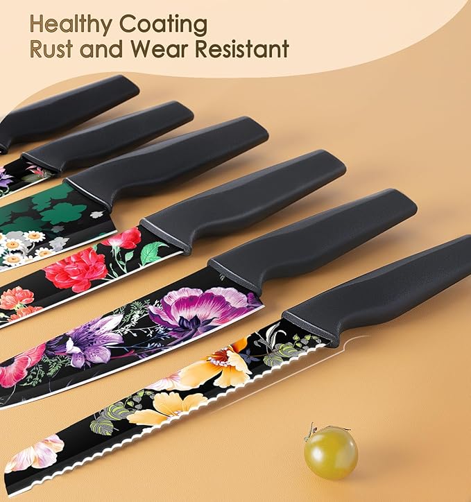 Astercook Knife Set, 12-Piece Flower Kitchen Knives Sets with Blade Guards, Dishwasher Safe, German High Carbon Stainless Steel, Perfect Gifts for Kitchen