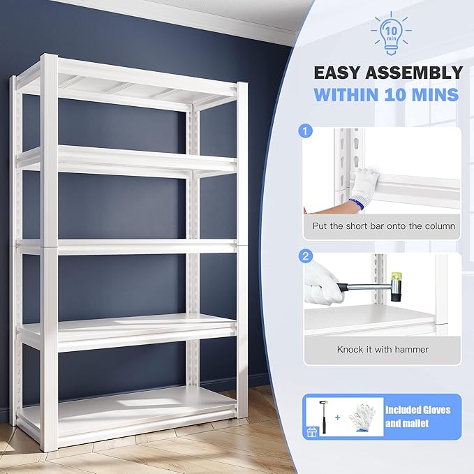 Raybee Garage Shelving, 2000LBS Storage Shelves, White Metal Shelves, 5 Tier Adjustable Heavy Duty Shelving for Pantry Kitchen Closet Basement Warehouse 16.5" D x 32" W x 63" H