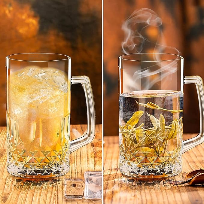 32 Ounces Beer Stein Mugs - 2 Pack Extra Large German Style Clear Tall Beer Glasses for Men - Heavy Duty Thick Glass With Handle