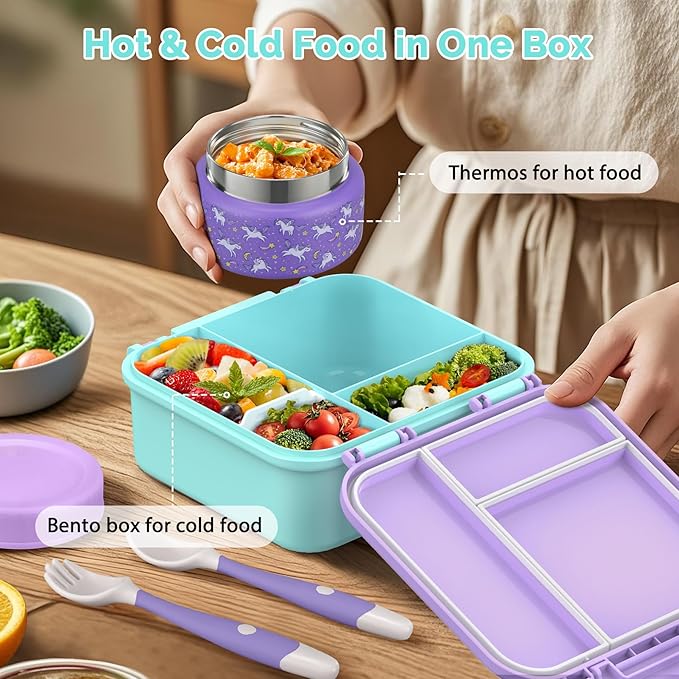 Kids Lunch Box Set with Bento Box, 9oz Stainless Steel Thermos & Insulated Lunch Bag – Hot & Cold Leakproof Lunch Container with Utensils for School & Travel