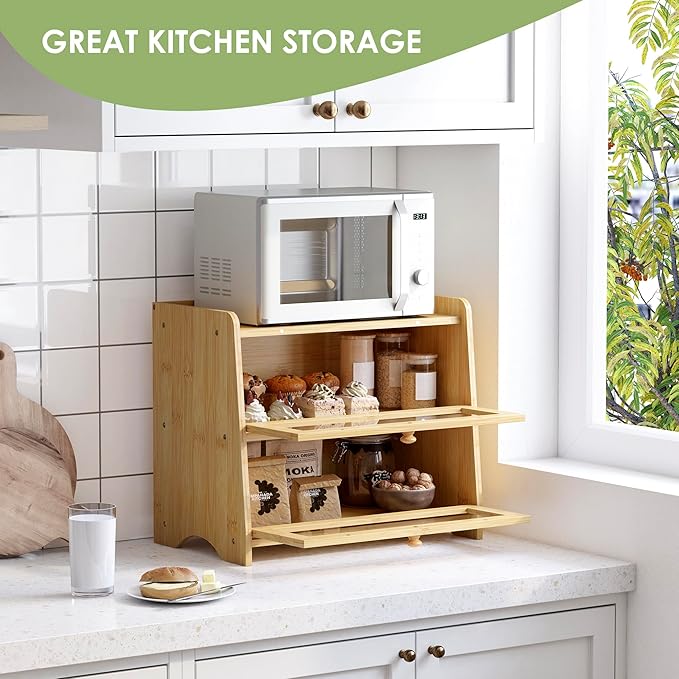 Double Layer Bread Box for Kitchen Countertop, Large Breadbox Bread Container Storage with Windows, Wooden Farmhouse Bread Holder (Natural Bamboo)