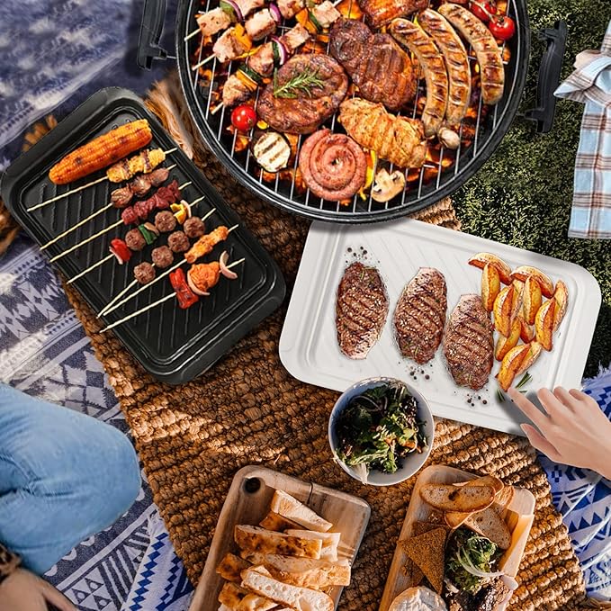 TP Grilling Prep and Serve Trays, 17" BBQ Tray for Meat Marinating and Food Plating, Melamine Serving Platters Set of 2 Grilling Accessories, Black and White