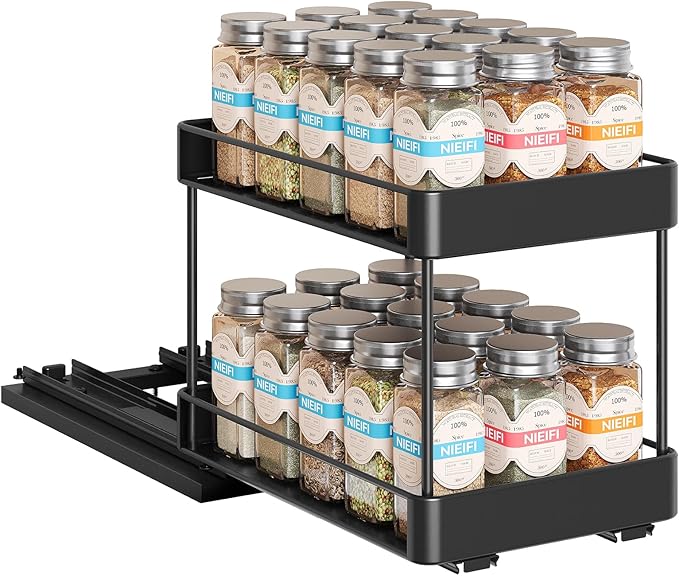 Nieifi Spice Rack Organizer for Cabinet, Vertical Spice Rack Pull Out, Easy to Install, Metal, 6.5''Wx10.35''Dx8.4''H, 1 Pack, 2 Tiers(Black)