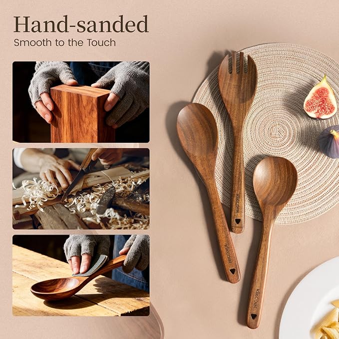Kikcoin Wood Kitchen Utensils Set, 7 PCS Solid Teak Wooden Spoons for Cooking with Long Handle Heat-Resistant Wooden Cooking Utensils Set for Non-stick Cookware Including Hanging Hole