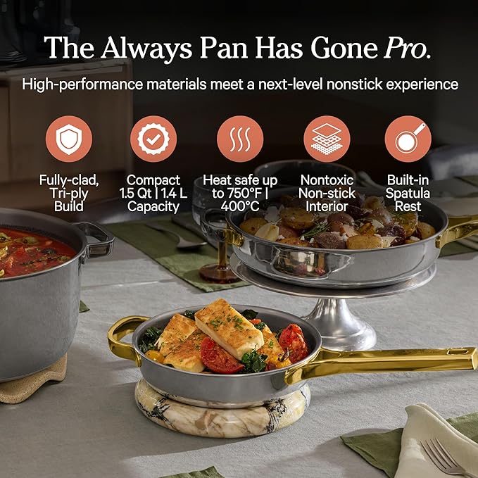 Our Place Titanium Mini Always Pan Pro - 8.5” (1.48 Qt) No-Coating Nonstick Skillet | Tri-Ply Titanium & Stainless Steel | Safe for Oven, Induction & Cooktops up to 750°F | Includes Spatula | Gold