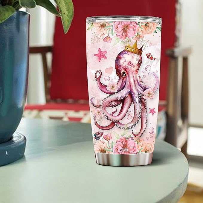 Octopus Tumbler 20oz Cute Animal Gift for Women, Girls Who Freaking Love Octopuses Lovers Flower Perfect Birthday Christmas Valentine Wife Daughter Insulated Stainless Steel Coffee Cup with Lid