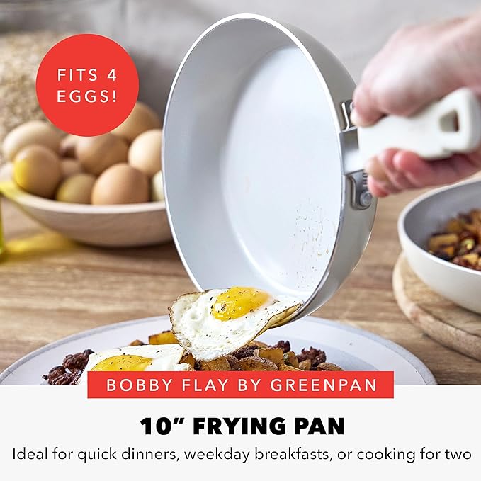 GreenPan x Bobby Flay 10" Nonstick Frying Pan Skillet, PFAS-Free Diamond Ceramic, Induction Suitable, Stay-Cool Silicone Handle, Easy Clean Dishwasher & Oven Safe, Egg & Omelet Pan, Cream