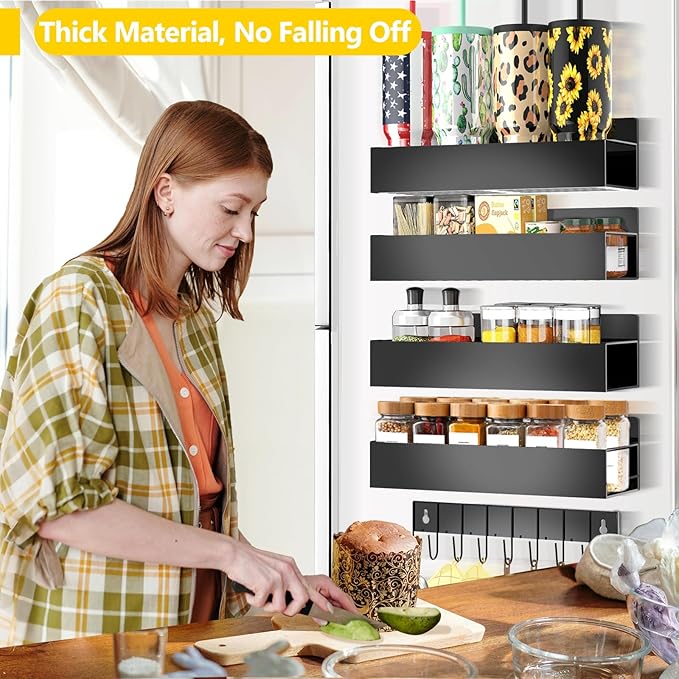 Magnetic Spice Rack Organizer for Fridge Seasoning Organizer for Kitchen storage with Screw Magnetic Shelf with Hook for Refrigerator and Oven (4pack1hook-Black)
