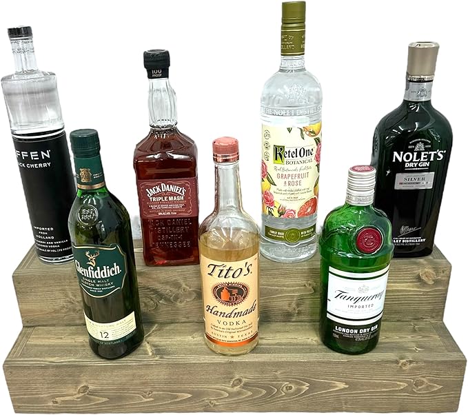 Tiered Bottle Shelf | 2 Tier Liquor Bottle Display | Bar Organization | Display Shelf | Wine Shelf | Bar Display | Kitchen Counter Shelf (24", Weathered Grey)