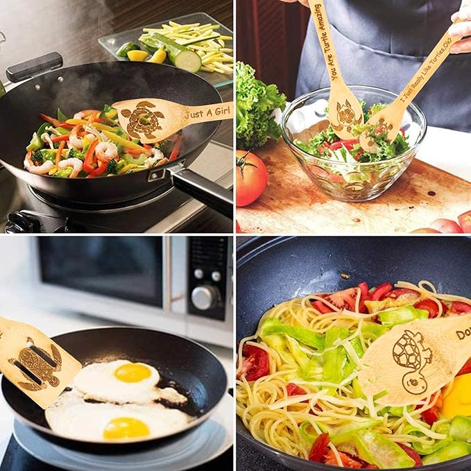 5PCS Turtle Wooden Cooking Spoons Set Turtle Gifts Turtle Kitchen Decor Bamboo Cooking Utensil Spoons Turtle Gifts for Women Kitchen Housewarming Wedding