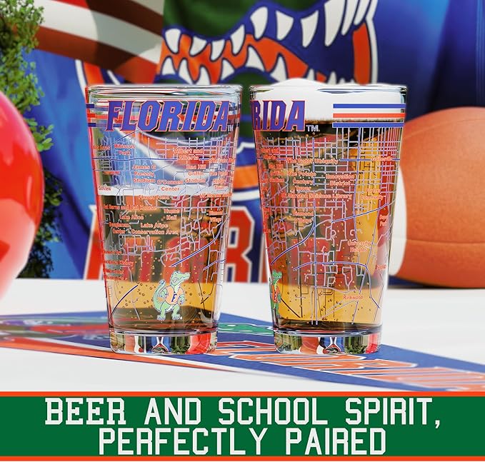 Greenline Goods – University of Florida Gators College Pint Beer Glasses (Set of 2), 16 oz – Full-Color Logo + Campus Map