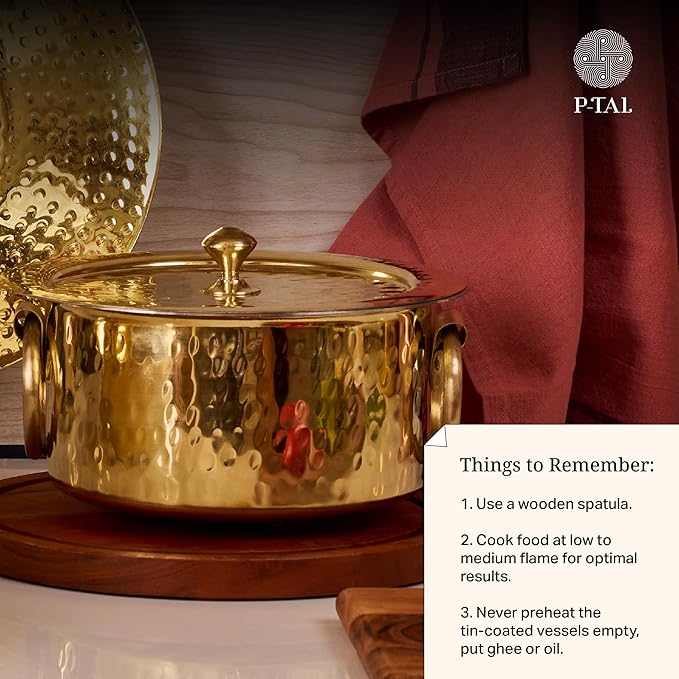 P-TAL Brass Stock Pot with Lid Naturally Nonstick and Toxin Free Pasta Pot Multipurpose Cooking Pot, PFOA and PTFE Free (1 Quart)