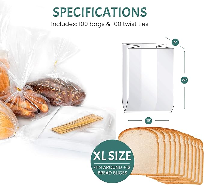 Reusable Plastic Bread Bags for Homemade 10x22"- Clear Bag with Ties For An Airtight Moisture-free Preservation and Storage- Loaf Home Bakers Bakery Owners (100)