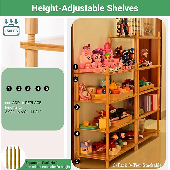 GOGOGO Expandable 3-Tier Bamboo Bathroom Shelf - 150LBS Heavy-Duty, Tool-Free Assembly, Multifunctional Storage for Bathroom/Kitchen/Office Holder Plant Flower Stand- Useful Home & Housewarming Gift
