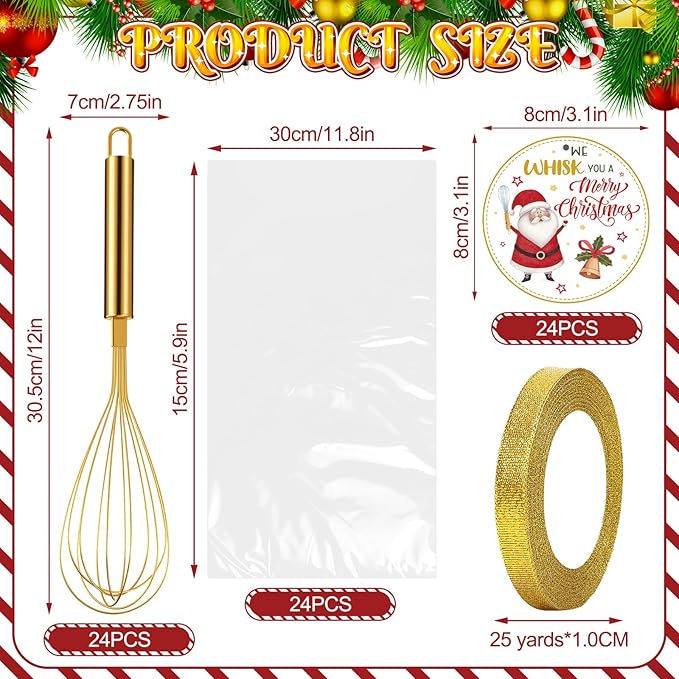 24 Sets 12 Inch Christmas Whisk Gifts Bulk Include Gold Stainless Steel Whisks Cards Bags Ribbons, Egg Beaters DIY Cooking Party Favors for Neighbor Employee Xmas Stocking Stuffers Idea