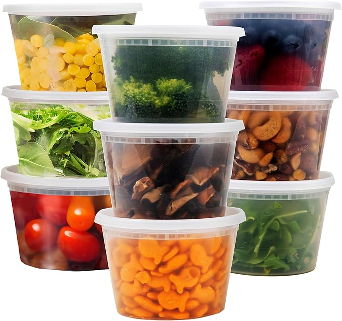 [48 Pack - 16 oz] Plastic Soup Cups Deli Food Storage Containers with Tight Lids Portion Control Non-Spill Stackable Microwaveable Freezer Dishwasher Safe