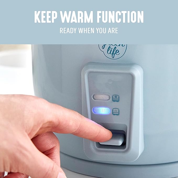 GreenLife Rice Cooker with Removable PFAS-Free Nonstick Pot, 3-Cups Uncooked/6-Cups Cooked, One-Switch Design, Auto Keep Warm Function, Soup, Grains, Oatmeal, Wood Handle, Blue