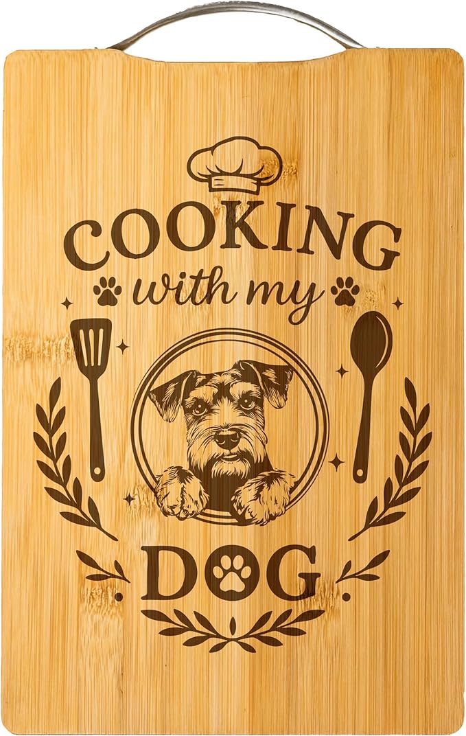 Bamboo Cutting Board, Engraved Dog Lover Gift, Handmade Kitchen Decor – Cooking with My Dog (Schnauzer)